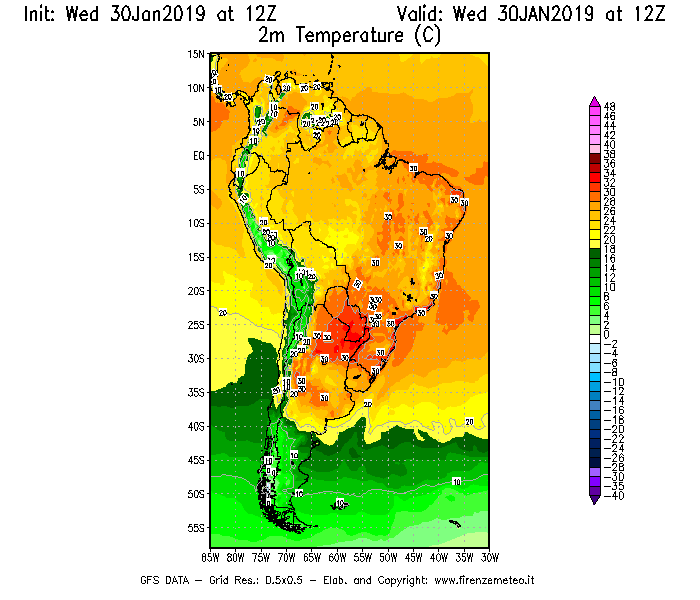 Mappa di analisi GFS - Temperatura a 2 metri dal suolo [°C] in Sud-America
							del 30/01/2019 12 <!--googleoff: index-->UTC<!--googleon: index-->