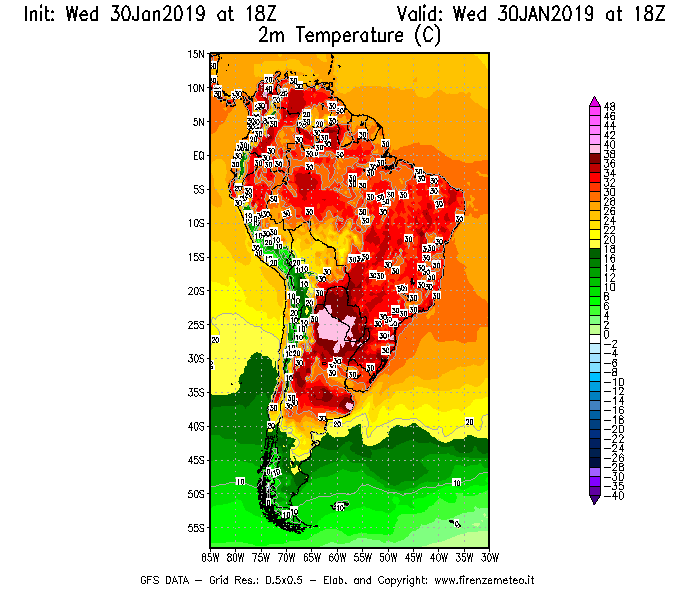 Mappa di analisi GFS - Temperatura a 2 metri dal suolo [°C] in Sud-America
							del 30/01/2019 18 <!--googleoff: index-->UTC<!--googleon: index-->