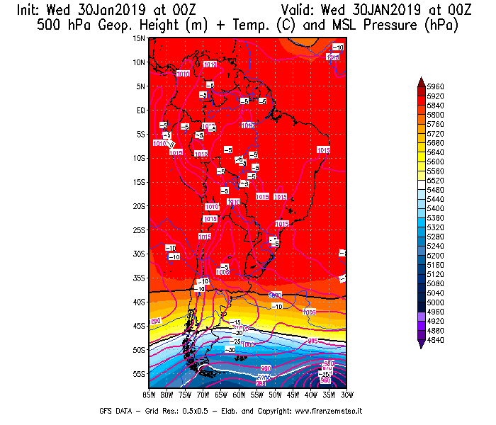 Mappa di analisi GFS - Geopotenziale [m] + Temp. [°C] a 500 hPa + Press. a livello del mare [hPa] in Sud-America
							del 30/01/2019 00 <!--googleoff: index-->UTC<!--googleon: index-->