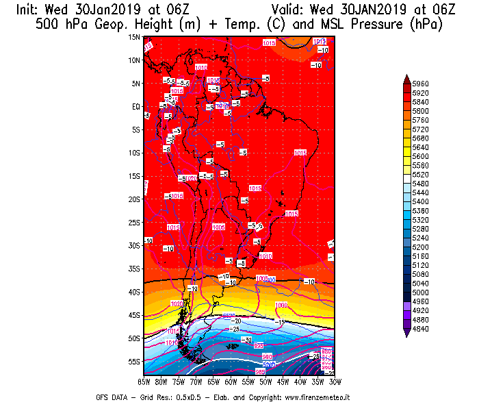 Mappa di analisi GFS - Geopotenziale [m] + Temp. [°C] a 500 hPa + Press. a livello del mare [hPa] in Sud-America
							del 30/01/2019 06 <!--googleoff: index-->UTC<!--googleon: index-->