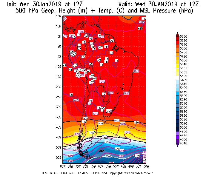 Mappa di analisi GFS - Geopotenziale [m] + Temp. [°C] a 500 hPa + Press. a livello del mare [hPa] in Sud-America
							del 30/01/2019 12 <!--googleoff: index-->UTC<!--googleon: index-->