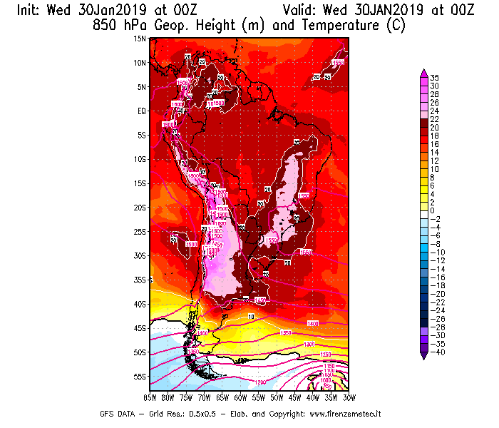 Mappa di analisi GFS - Geopotenziale [m] e Temperatura [°C] a 850 hPa in Sud-America
							del 30/01/2019 00 <!--googleoff: index-->UTC<!--googleon: index-->