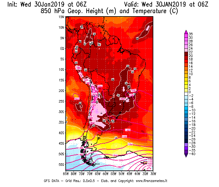 Mappa di analisi GFS - Geopotenziale [m] e Temperatura [°C] a 850 hPa in Sud-America
							del 30/01/2019 06 <!--googleoff: index-->UTC<!--googleon: index-->