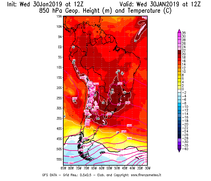 Mappa di analisi GFS - Geopotenziale [m] e Temperatura [°C] a 850 hPa in Sud-America
							del 30/01/2019 12 <!--googleoff: index-->UTC<!--googleon: index-->