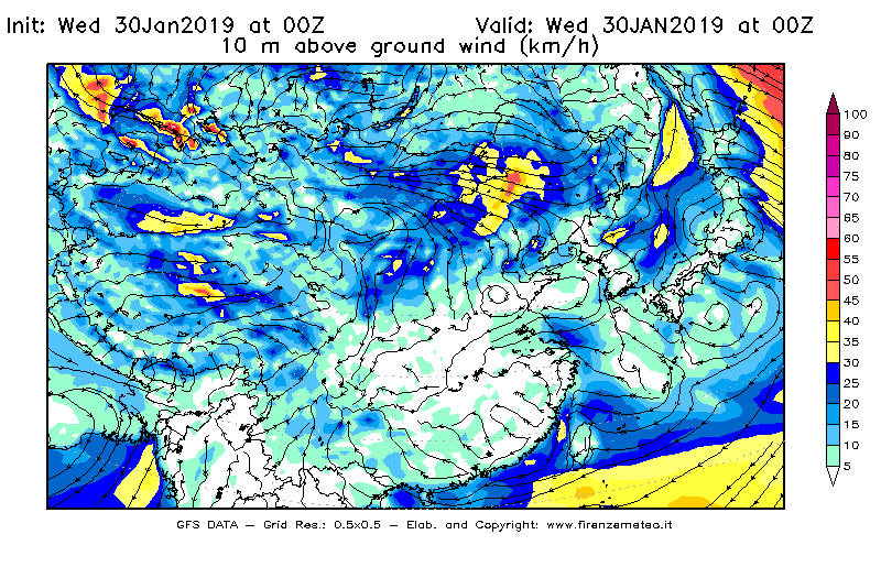 Mappa di analisi GFS - Velocità del vento a 10 metri dal suolo [km/h] in Asia Orientale
							del 30/01/2019 00 <!--googleoff: index-->UTC<!--googleon: index-->