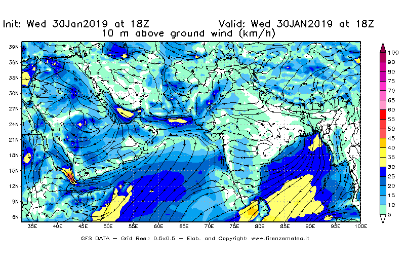 Mappa di analisi GFS - Velocità del vento a 10 metri dal suolo [km/h] in Asia Sud-Occidentale
							del 30/01/2019 18 <!--googleoff: index-->UTC<!--googleon: index-->