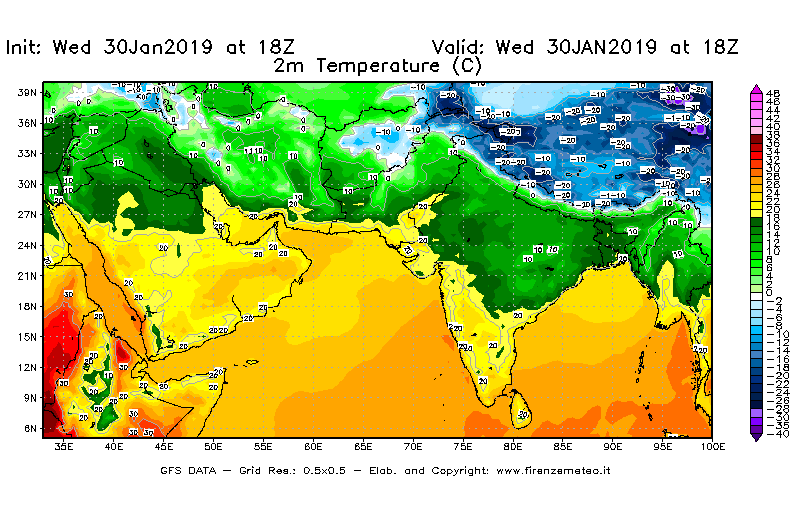 Mappa di analisi GFS - Temperatura a 2 metri dal suolo [°C] in Asia Sud-Occidentale
							del 30/01/2019 18 <!--googleoff: index-->UTC<!--googleon: index-->