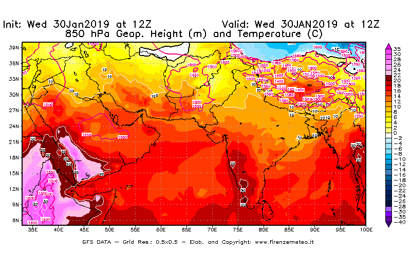 Mappa di analisi GFS - Geopotenziale [m] e Temperatura [°C] a 850 hPa in Asia Sud-Occidentale
							del 30/01/2019 12 <!--googleoff: index-->UTC<!--googleon: index-->