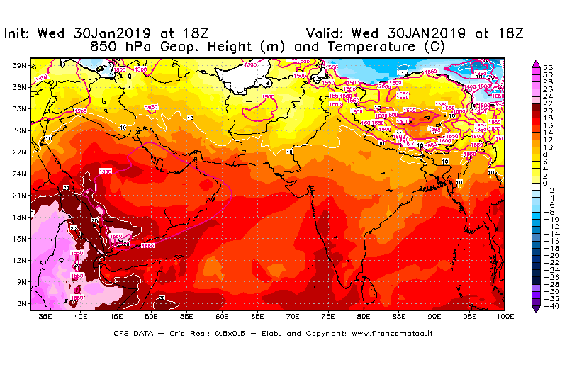 Mappa di analisi GFS - Geopotenziale [m] e Temperatura [°C] a 850 hPa in Asia Sud-Occidentale
							del 30/01/2019 18 <!--googleoff: index-->UTC<!--googleon: index-->