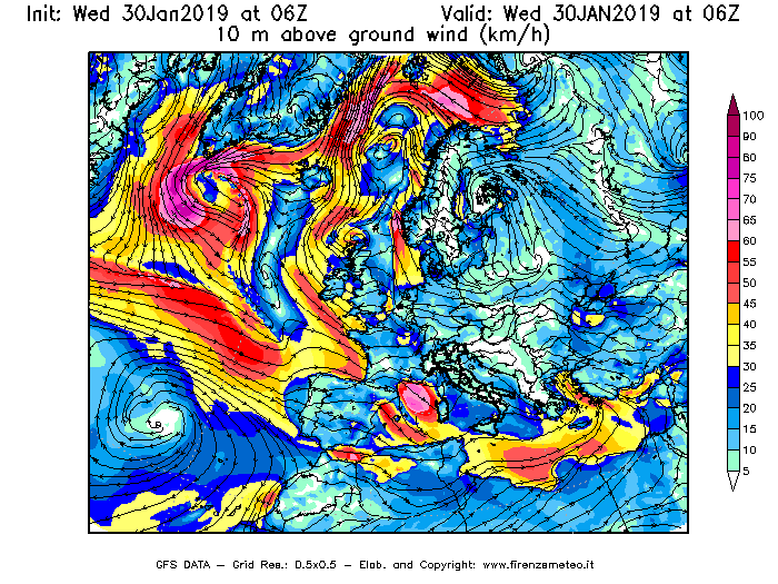 Mappa di analisi GFS - Velocità del vento a 10 metri dal suolo [km/h] in Europa
							del 30/01/2019 06 <!--googleoff: index-->UTC<!--googleon: index-->