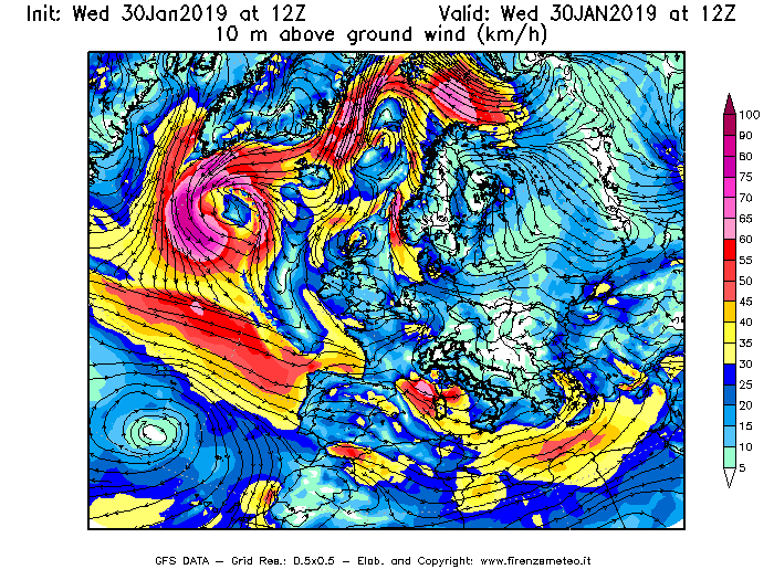 Mappa di analisi GFS - Velocità del vento a 10 metri dal suolo [km/h] in Europa
							del 30/01/2019 12 <!--googleoff: index-->UTC<!--googleon: index-->