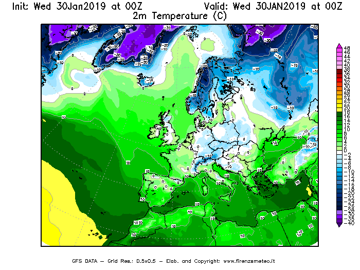 Mappa di analisi GFS - Temperatura a 2 metri dal suolo [°C] in Europa
							del 30/01/2019 00 <!--googleoff: index-->UTC<!--googleon: index-->