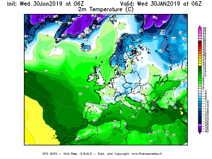 Mappa di analisi GFS - Temperatura a 2 metri dal suolo [°C] in Europa
							del 30/01/2019 06 <!--googleoff: index-->UTC<!--googleon: index-->