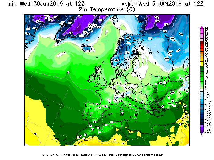 Mappa di analisi GFS - Temperatura a 2 metri dal suolo [°C] in Europa
							del 30/01/2019 12 <!--googleoff: index-->UTC<!--googleon: index-->