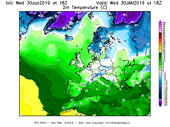 Mappa di analisi GFS - Temperatura a 2 metri dal suolo [°C] in Europa
							del 30/01/2019 18 <!--googleoff: index-->UTC<!--googleon: index-->