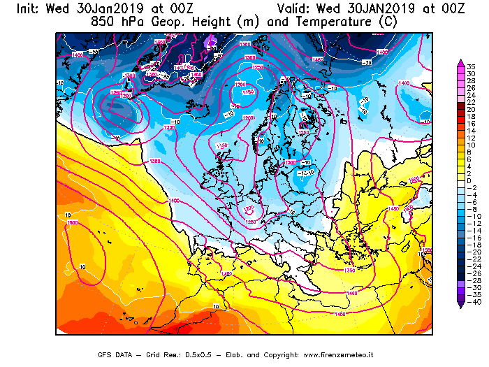 Mappa di analisi GFS - Geopotenziale [m] e Temperatura [°C] a 850 hPa in Europa
							del 30/01/2019 00 <!--googleoff: index-->UTC<!--googleon: index-->