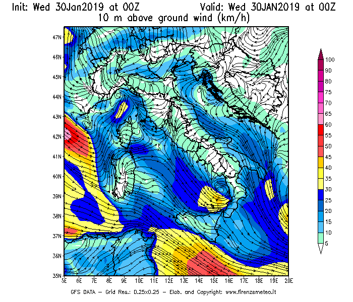 Mappa di analisi GFS - Velocità del vento a 10 metri dal suolo [km/h] in Italia
							del 30/01/2019 00 <!--googleoff: index-->UTC<!--googleon: index-->