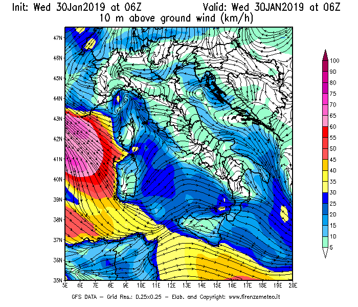 Mappa di analisi GFS - Velocità del vento a 10 metri dal suolo [km/h] in Italia
							del 30/01/2019 06 <!--googleoff: index-->UTC<!--googleon: index-->