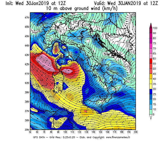 Mappa di analisi GFS - Velocità del vento a 10 metri dal suolo [km/h] in Italia
							del 30/01/2019 12 <!--googleoff: index-->UTC<!--googleon: index-->
