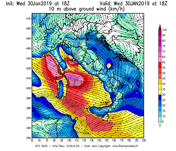 Mappa di analisi GFS - Velocità del vento a 10 metri dal suolo [km/h] in Italia
							del 30/01/2019 18 <!--googleoff: index-->UTC<!--googleon: index-->