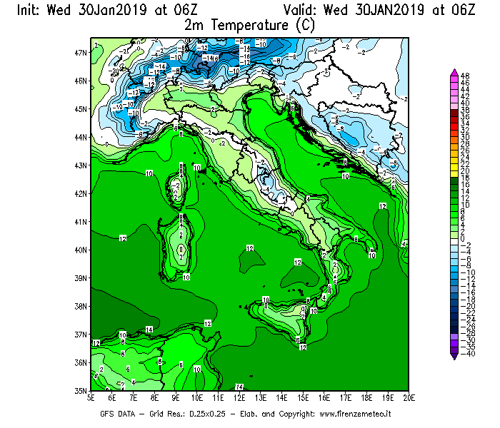 Mappa di analisi GFS - Temperatura a 2 metri dal suolo [°C] in Italia
							del 30/01/2019 06 <!--googleoff: index-->UTC<!--googleon: index-->