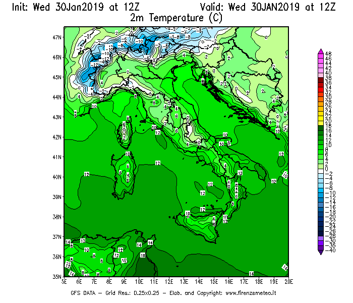 Mappa di analisi GFS - Temperatura a 2 metri dal suolo [°C] in Italia
							del 30/01/2019 12 <!--googleoff: index-->UTC<!--googleon: index-->
