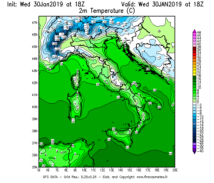 Mappa di analisi GFS - Temperatura a 2 metri dal suolo [°C] in Italia
							del 30/01/2019 18 <!--googleoff: index-->UTC<!--googleon: index-->