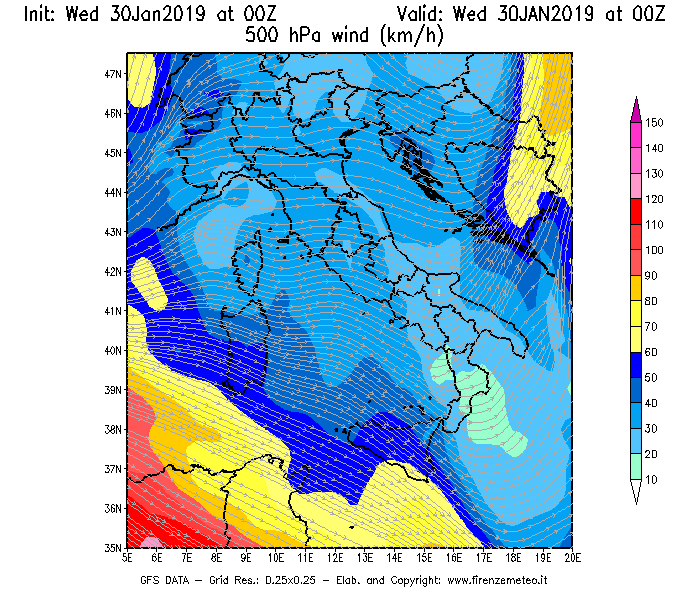 Mappa di analisi GFS - Velocità del vento a 500 hPa [km/h] in Italia
							del 30/01/2019 00 <!--googleoff: index-->UTC<!--googleon: index-->