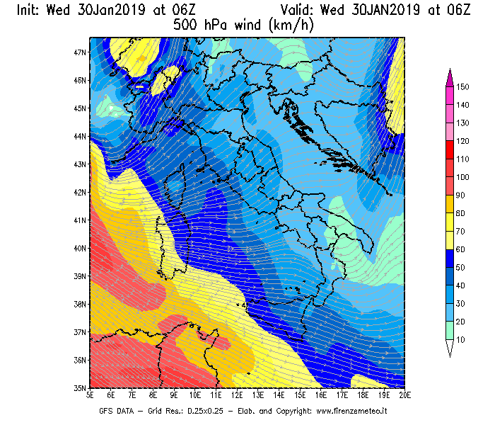Mappa di analisi GFS - Velocità del vento a 500 hPa [km/h] in Italia
							del 30/01/2019 06 <!--googleoff: index-->UTC<!--googleon: index-->