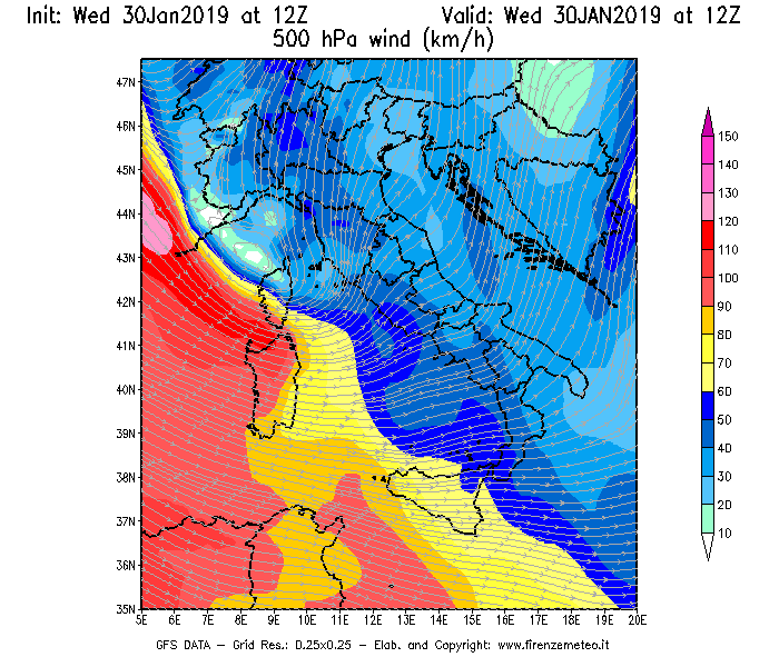 Mappa di analisi GFS - Velocità del vento a 500 hPa [km/h] in Italia
							del 30/01/2019 12 <!--googleoff: index-->UTC<!--googleon: index-->