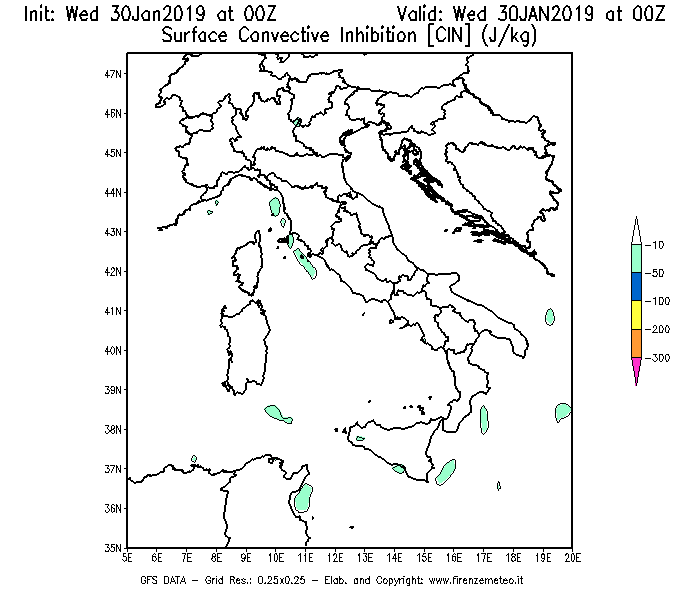 Mappa di analisi GFS - CIN [J/kg] in Italia
							del 30/01/2019 00 <!--googleoff: index-->UTC<!--googleon: index-->