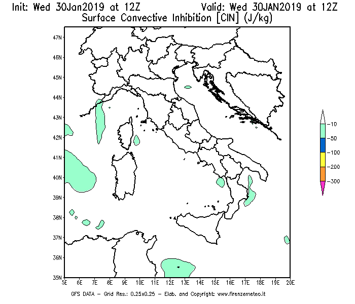 Mappa di analisi GFS - CIN [J/kg] in Italia
							del 30/01/2019 12 <!--googleoff: index-->UTC<!--googleon: index-->