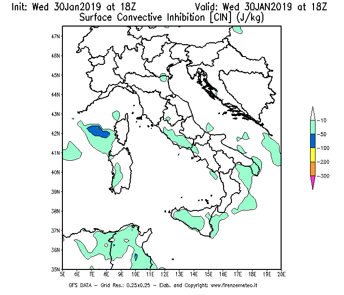 Mappa di analisi GFS - CIN [J/kg] in Italia
							del 30/01/2019 18 <!--googleoff: index-->UTC<!--googleon: index-->