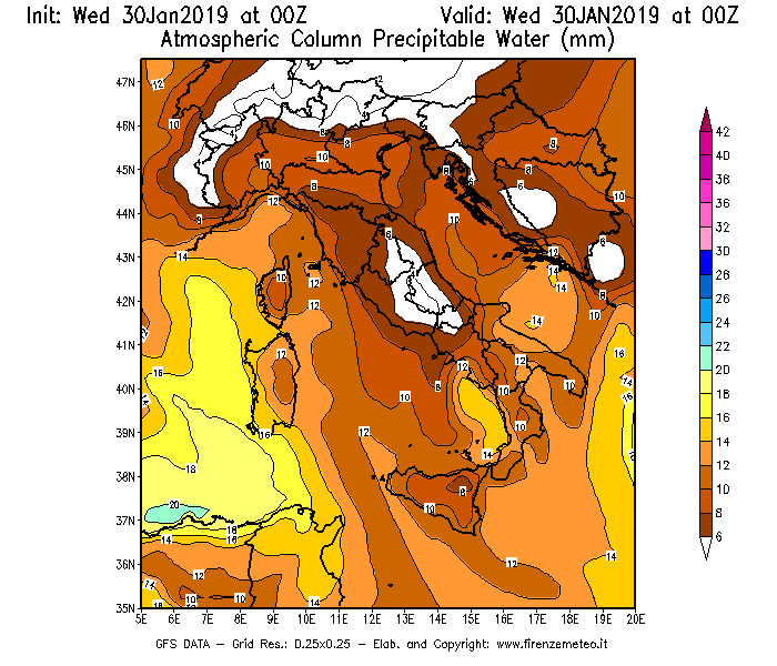 Mappa di analisi GFS - Precipitable Water [mm] in Italia
							del 30/01/2019 00 <!--googleoff: index-->UTC<!--googleon: index-->