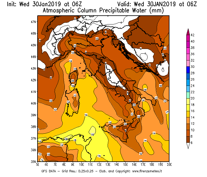 Mappa di analisi GFS - Precipitable Water [mm] in Italia
							del 30/01/2019 06 <!--googleoff: index-->UTC<!--googleon: index-->