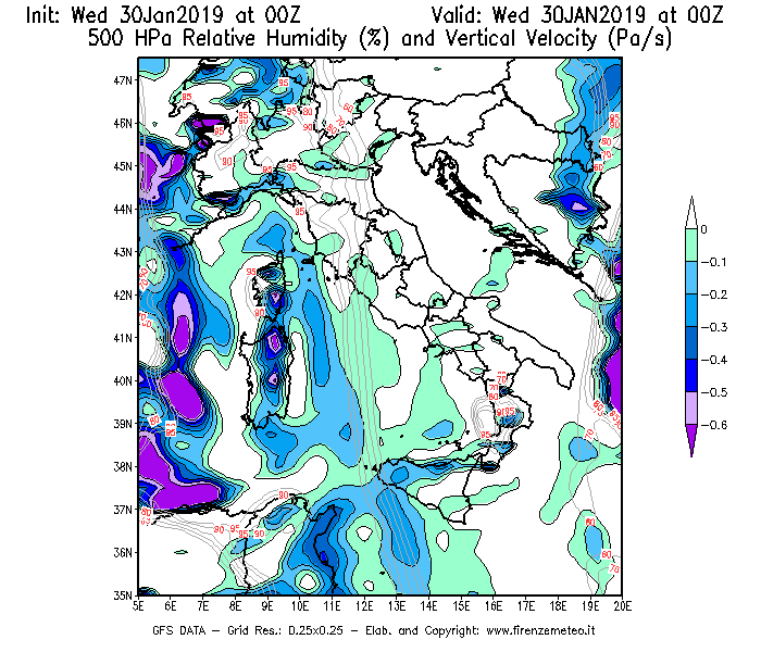 Mappa di analisi GFS - Umidità relativa [%] e Omega [Pa/s] a 500 hPa in Italia
							del 30/01/2019 00 <!--googleoff: index-->UTC<!--googleon: index-->