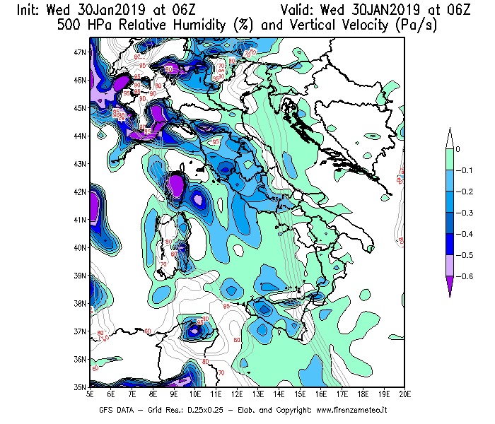 Mappa di analisi GFS - Umidità relativa [%] e Omega [Pa/s] a 500 hPa in Italia
							del 30/01/2019 06 <!--googleoff: index-->UTC<!--googleon: index-->