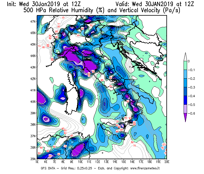 Mappa di analisi GFS - Umidità relativa [%] e Omega [Pa/s] a 500 hPa in Italia
							del 30/01/2019 12 <!--googleoff: index-->UTC<!--googleon: index-->