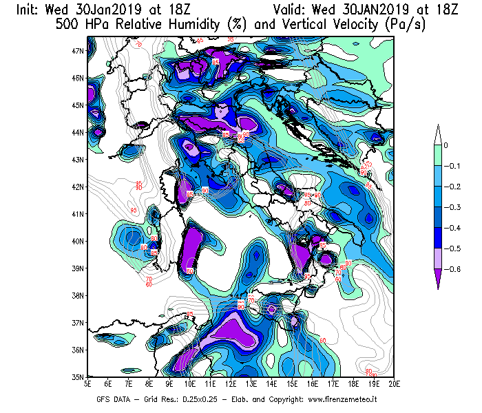 Mappa di analisi GFS - Umidità relativa [%] e Omega [Pa/s] a 500 hPa in Italia
							del 30/01/2019 18 <!--googleoff: index-->UTC<!--googleon: index-->