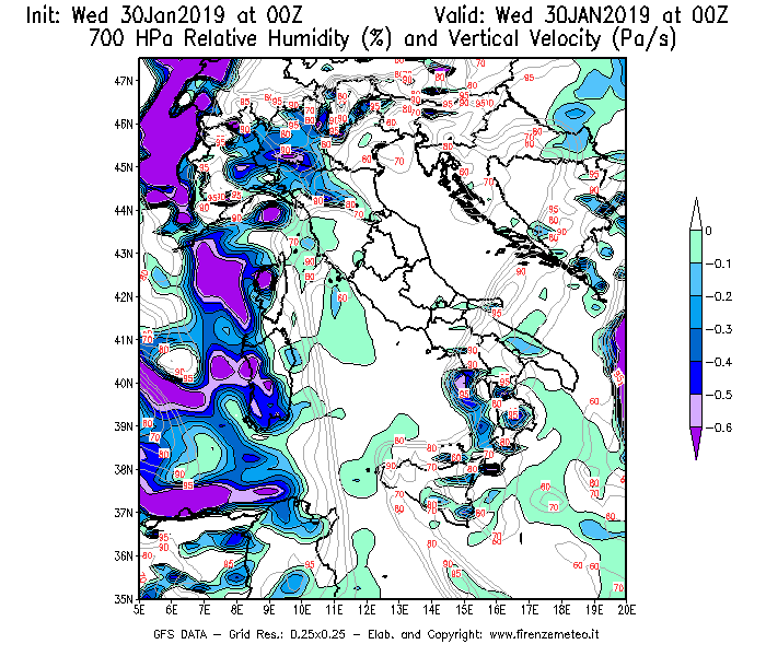 Mappa di analisi GFS - Umidità relativa [%] e Omega [Pa/s] a 700 hPa in Italia
							del 30/01/2019 00 <!--googleoff: index-->UTC<!--googleon: index-->