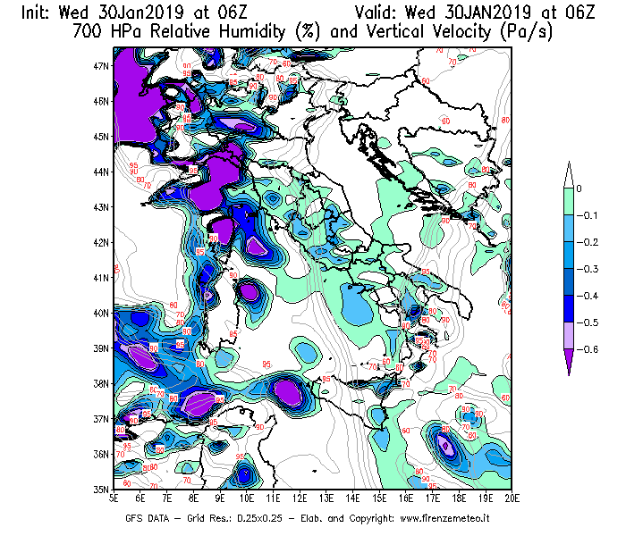 Mappa di analisi GFS - Umidità relativa [%] e Omega [Pa/s] a 700 hPa in Italia
							del 30/01/2019 06 <!--googleoff: index-->UTC<!--googleon: index-->