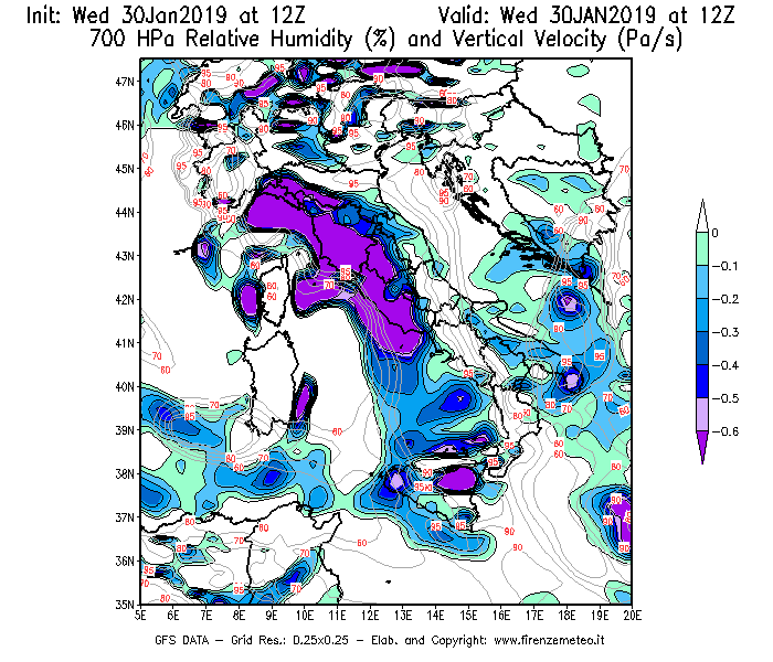 Mappa di analisi GFS - Umidità relativa [%] e Omega [Pa/s] a 700 hPa in Italia
							del 30/01/2019 12 <!--googleoff: index-->UTC<!--googleon: index-->