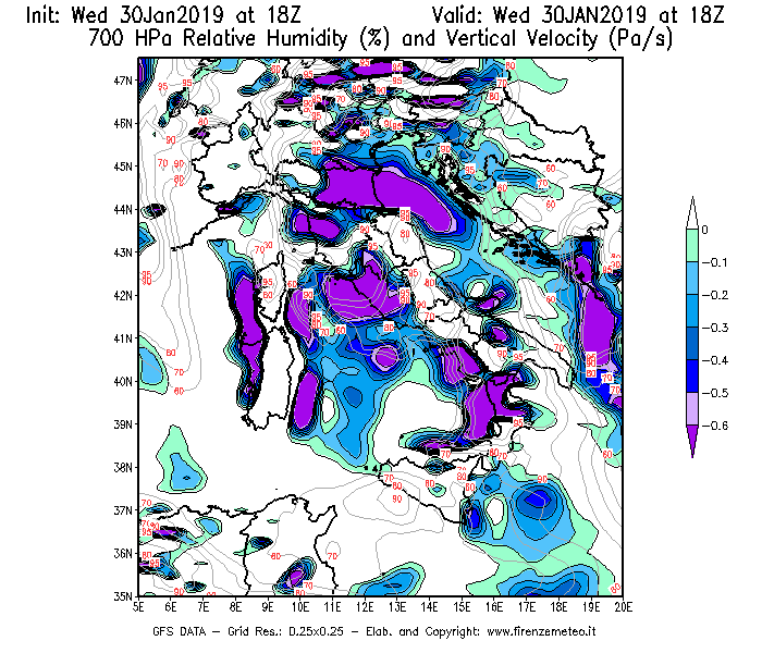 Mappa di analisi GFS - Umidità relativa [%] e Omega [Pa/s] a 700 hPa in Italia
							del 30/01/2019 18 <!--googleoff: index-->UTC<!--googleon: index-->