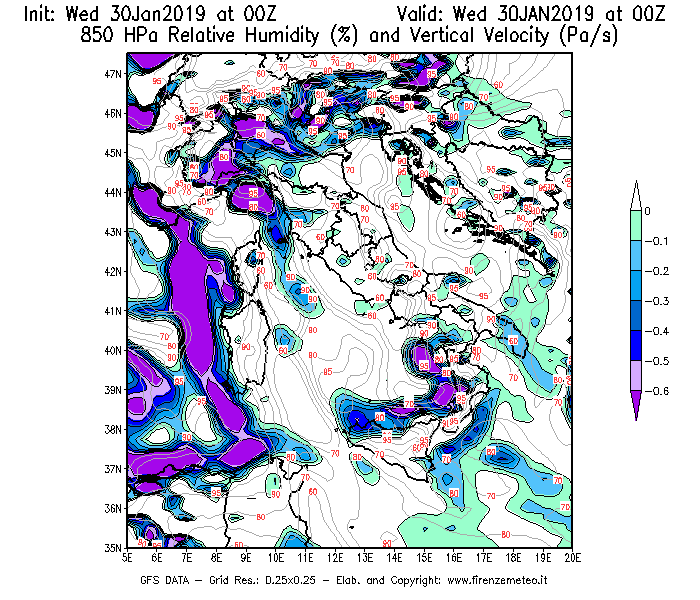 Mappa di analisi GFS - Umidità relativa [%] e Omega [Pa/s] a 850 hPa in Italia
							del 30/01/2019 00 <!--googleoff: index-->UTC<!--googleon: index-->