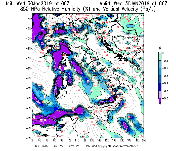 Mappa di analisi GFS - Umidità relativa [%] e Omega [Pa/s] a 850 hPa in Italia
							del 30/01/2019 06 <!--googleoff: index-->UTC<!--googleon: index-->