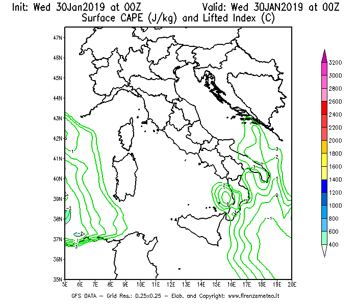 Mappa di analisi GFS - CAPE [J/kg] e Lifted Index [°C] in Italia
							del 30/01/2019 00 <!--googleoff: index-->UTC<!--googleon: index-->