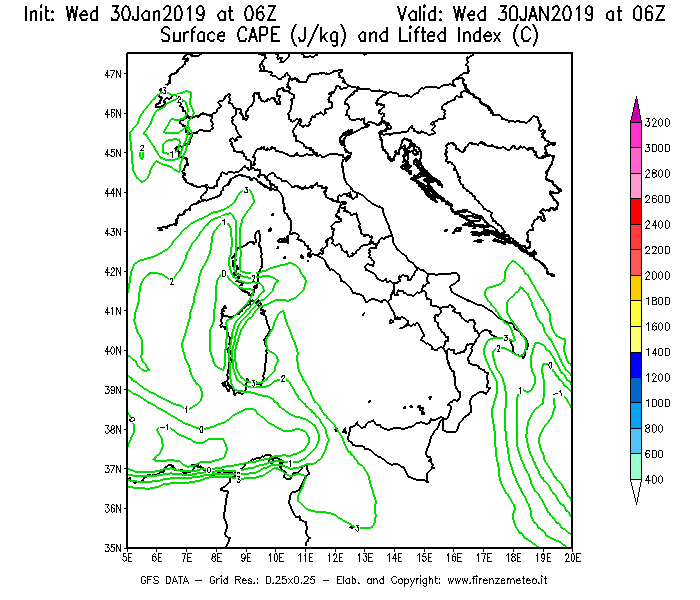 Mappa di analisi GFS - CAPE [J/kg] e Lifted Index [°C] in Italia
							del 30/01/2019 06 <!--googleoff: index-->UTC<!--googleon: index-->