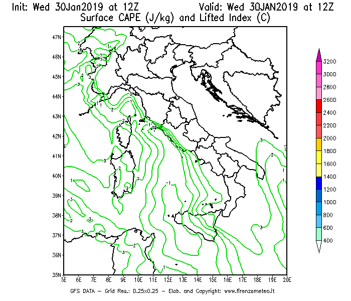 Mappa di analisi GFS - CAPE [J/kg] e Lifted Index [°C] in Italia
							del 30/01/2019 12 <!--googleoff: index-->UTC<!--googleon: index-->