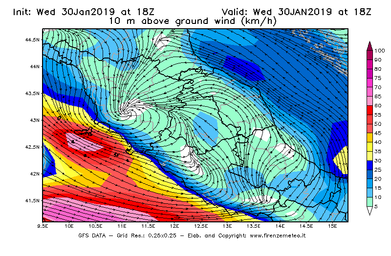 Mappa di analisi GFS - Velocità del vento a 10 metri dal suolo [km/h] in Centro-Italia
							del 30/01/2019 18 <!--googleoff: index-->UTC<!--googleon: index-->