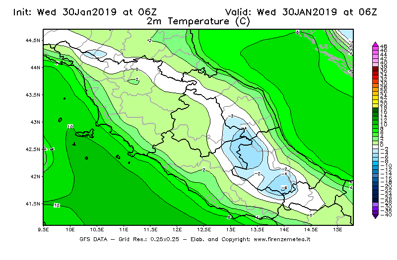 Mappa di analisi GFS - Temperatura a 2 metri dal suolo [°C] in Centro-Italia
							del 30/01/2019 06 <!--googleoff: index-->UTC<!--googleon: index-->